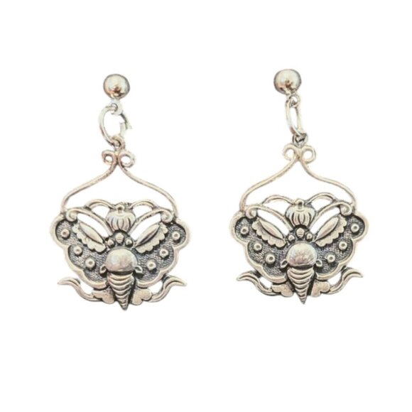 Vintage Butterfly Earrings Silver Dangle Boho Stevie Nicks Festival Art Deco 70s - Picture 2 of 5